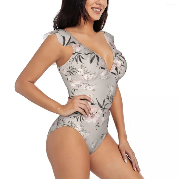 Costumi da bagno femminile sexy un costume da bagno a un pezzo spingendo su un costume da bagno con tubo floreale rosa vintage arruffato