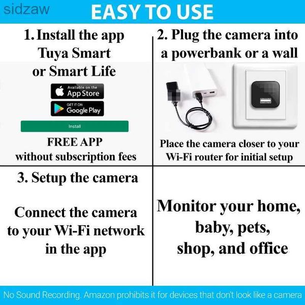 Mini câmeras U. US e Plug WiFi Câmera WiFi 1080p Carregador de gravador de vídeo com Mini Câmera de Câmera de Corpo Monitor sem fio e Proteção à Segurança da Casa Smart WX