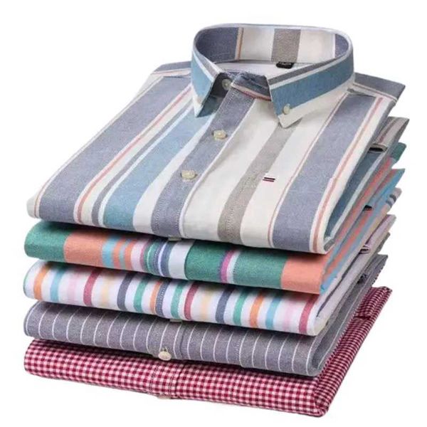 Erkekler Elbise Gömlek Çift Striped Ekose Oxford Spinning Sıradan Uzun She Shirt Konforlu Nefesli Düğme Tasarım İnce İş Elbise D240507