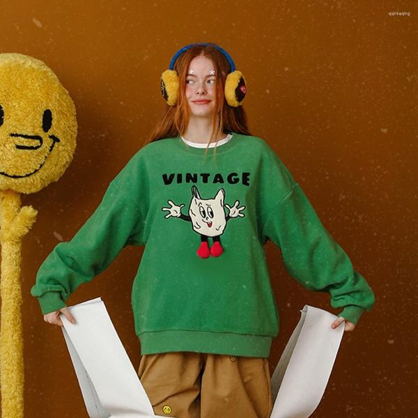 Damen Hoodies 2024 warmes grünes Fleece Jumper Tops Patch Stickerei Frühling Herbst Schulmädchen Pullover Sweatshirt Cartoon gestickt