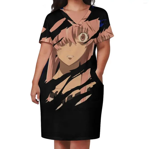 Abiti casual Anime Shirt ispirato Abito tascabile sciolto Donne V Neck Stampato Manga Yuno Gasai AMAI Yuki Yukki Akise