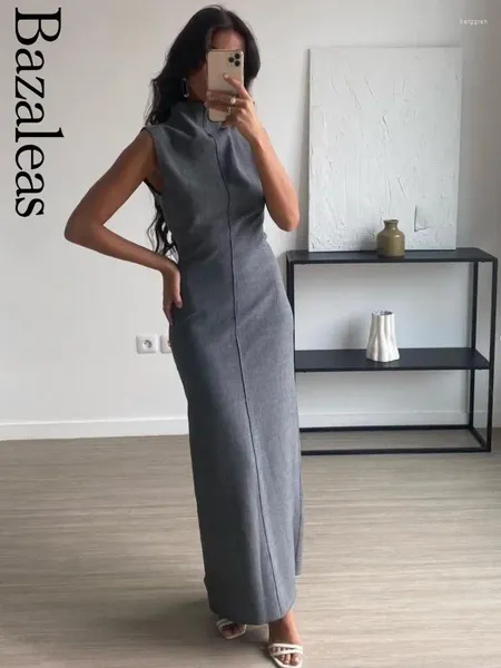 Vestidos casuais 2024 Bazaleas Store Grey High Neck Midi Dress Back Back Split