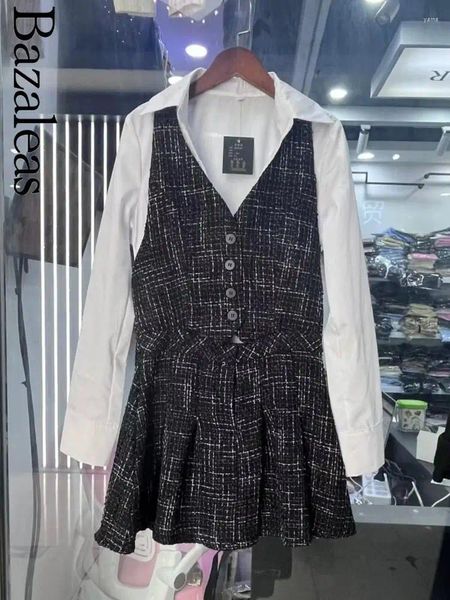 Lässige Kleider 2024 Bazaleas Store Offizielle schwarze Tartan Patchwork -Hemd -Kleid elegante Mini Lady Plisse Chic Vestidos