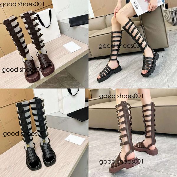 Qualitätsqualifizierter Sommer Halbkanister Gladiator Sandalen Schnalle Ausschnitte Leder Flat Heel Exponierte Zögern Sandalen Frauen Designer Modet Street Style Original Edition