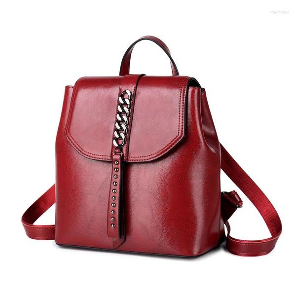 Schulbeutel Frauen echter Leder -Rucksack Rucksack einfache Fashion Travel Grils Buchbeutel Frauenöl Wachs Cowhide Knapsack Daypack