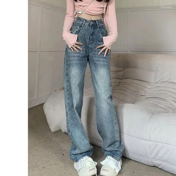 Frauen Jeans Blue Straight Women Wide Reißverschluss Streetwear -Taschen Hochtütige Mutter Jeanshosen Overalls