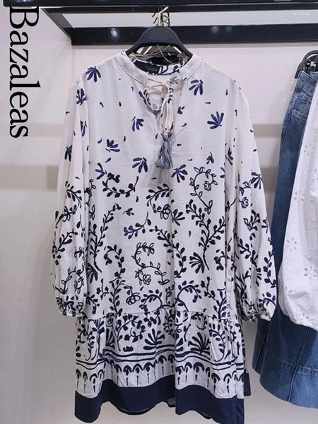 Vestidos casuais Bazaleas Bohemian Blue Print Lantern Summer Summer Dress 2024 Store Mini Pullover solto feminino