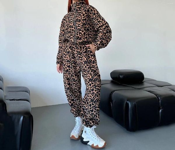 Zweiteilige Hosen für Frauen Herbst/Winter Leopard Print Anzug Mode Mode zweiteilige langärmelige Reißverschluss-Strickjacke Straight Hosen Kineled Manschetten