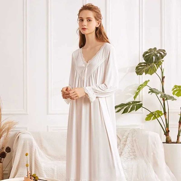 Lounge do sono feminino Victorian Romântico Sonofleto solto Autumn Nightgowns Princesa Robe Sleeping Women Modal Cotton Peignoir Long Night Dress