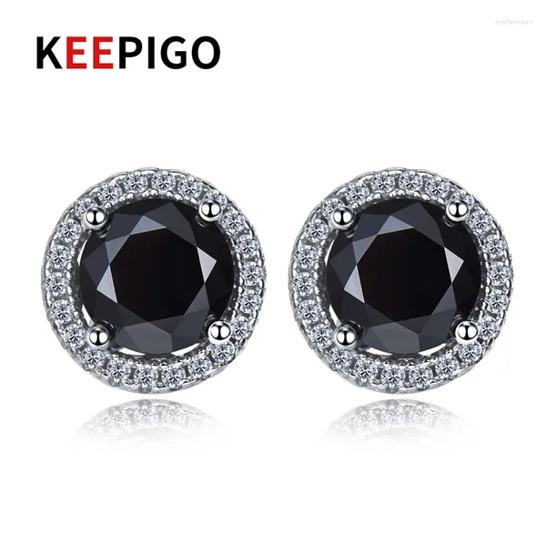 Stud Küpe Keepigo S925 STERLING Gümüş 1Ct Siyah Yüksek Karbon Elmas Yuvarlak Erkek Kadın Parti veya Kız Erkek Doğum Günü RA192