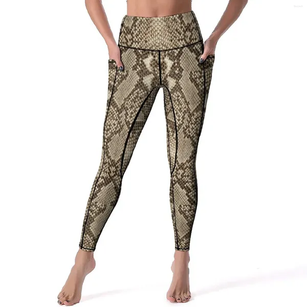 Leggings femminile serpente marrone cinghia sexy stampato per la pelle animale elaborare pantaloni da yoga tasche di gambe sportive elastiche