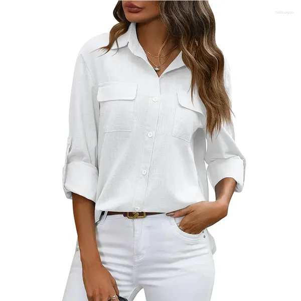 Blusas femininas 2024 camisa casual primavera/verão branco solto botão de manga comprida camisa de cor sólida blusas preto azul rosa