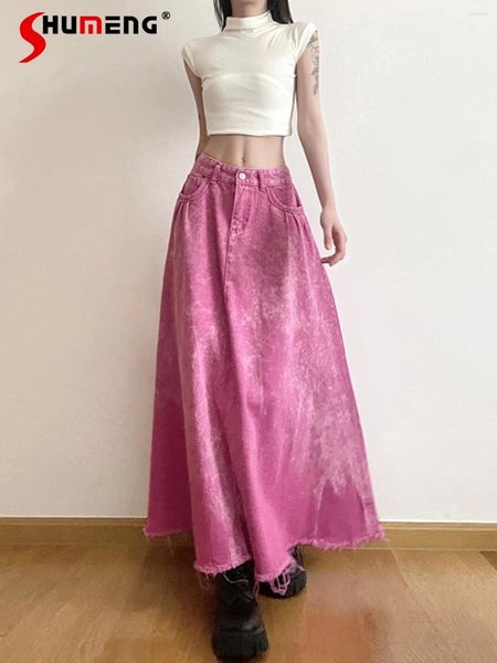 Signe Cool Chic Pink A- Line Jean Long Skirt Woman Student 2024 Summer Sweet High Welming Denim sfilacciato per donne