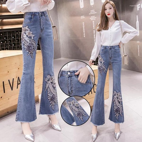 Jeans femminile da donna ricami di fiori casual per donne abbigliamento ragazze modalità in jeans a vita alta pantaloni svasati vestiti femminile bpay1032