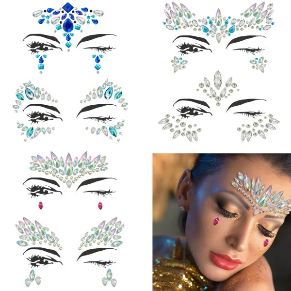 Tatuagens 6pcs Sereia rosto jóias gemas strasss rave os olhos corporais adesivos temporários adesivos de rosto de cristal decorações