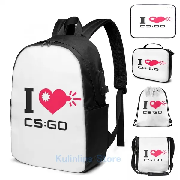 Zaino Funny Print grafico I 3 CSGO USB Charge Men School Borse Women Bag Travel Laptop