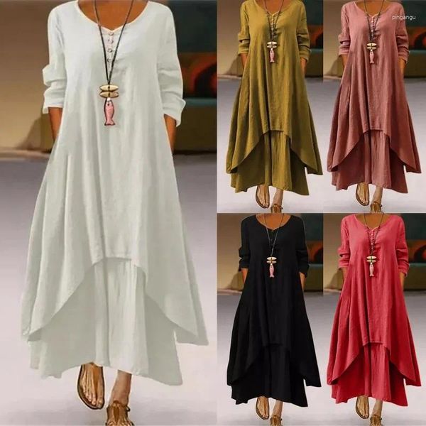 Lässige Kleider plus Größe 2024 Sommerkleid Frauen Baumwolle Leinentasche für Streetwear-Knopf O-Neck losen solider Asymmetrie