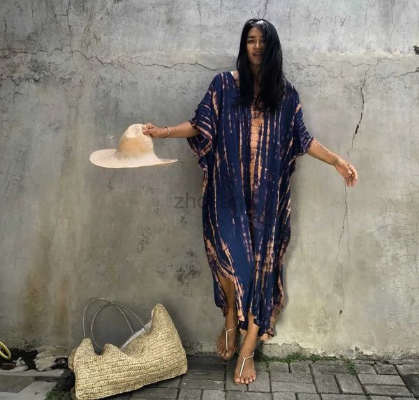 Women Beach Wear Women Wear Size Boho Womens Plus Tie Dye Geo Print Batwing Sleeve V Neck Kaftan Beach Dress Up D240507