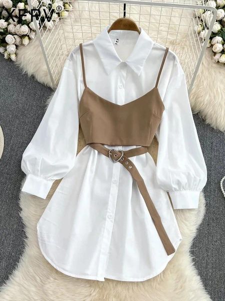 Camicette da donna XFPV Single Slip White Shirt Slip Whit senza spalline Set a due pezzi Y2K Sweet Fashion Spring Spring Autumn 2024 SM8093