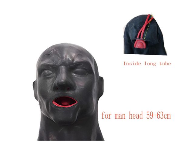 3D Latex Motorhaube Gummi -Maske geschlossene Augen Fetisch mit roter Mund -Gag -Steckerscheide Zungenröhrchen lang und kurz für Männer 2207151427463