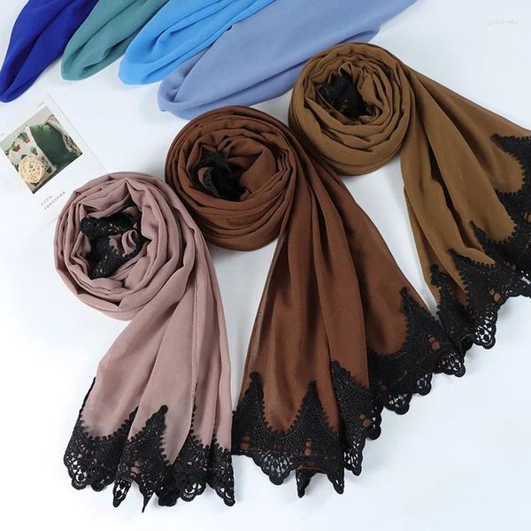 Schals schwarzer Spitzenblasen einfache Chiffon gestickt Hijab 28 Farben für muslimische Frauen