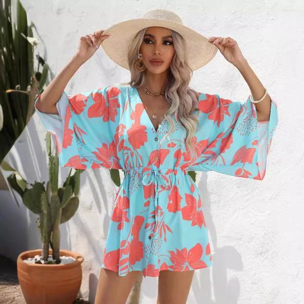 Sıradan Elbiseler Kadın Beach Mini Sundress Yaz Yaprak Taze Baskı Elbise Güzel Kadınlar V Boyun Kısa Kollu Ropa De Mujer