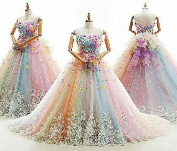 Regenbogen Buntes Ballkleid Quinceanera Kleider Perlen trägerloser Hals Süßes 16 Kleider Zugblumen appliziert Tulle Masquerade7767245