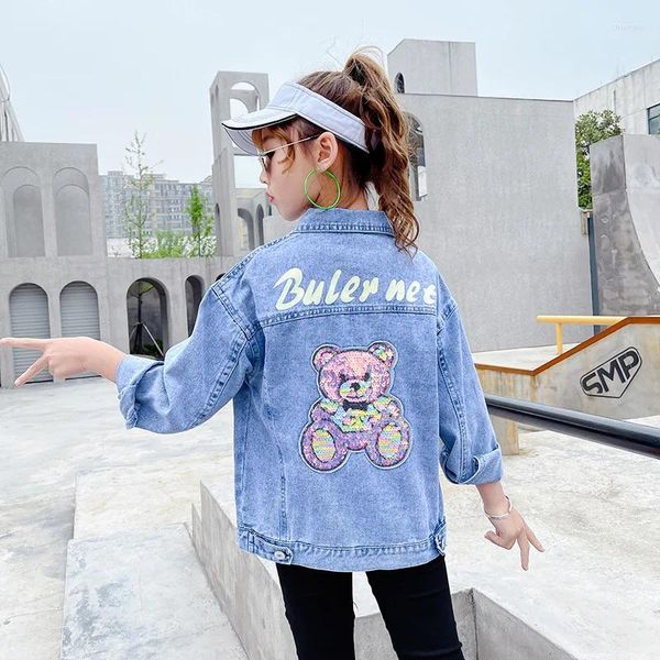 Giacche 4 6 8 10 12 anni Girls Girls Girls Denim Fashion Bear Pacco Cowboy Coats Jean for Teenager Outwear Birthday Gift Children Abbigliamento