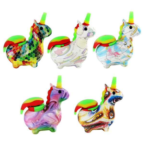 Neue Unicorns Cartoon Silicon Bong Shishs Raucher Handrohre Trockener Kräuter -Tabaköl -Brennerrohr unzerbrechlich mit Glasschüssel Zigarettenhalter Wasserrohr Bongs