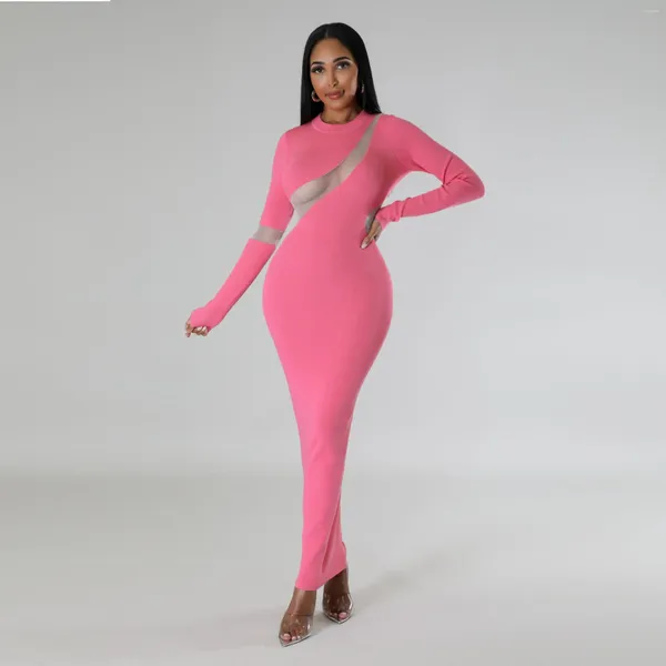 Abiti casual sexy a maglie a maglie abito lungo per donne eleganti o manica al collo bodycon night club da festa femme 2024