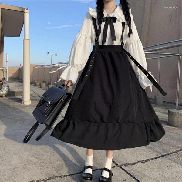 Saias houzhou góticas lolita saia longa feminina harajuku tira de trava preto cintura alta garota macia japonesa kawaii streetwear verão