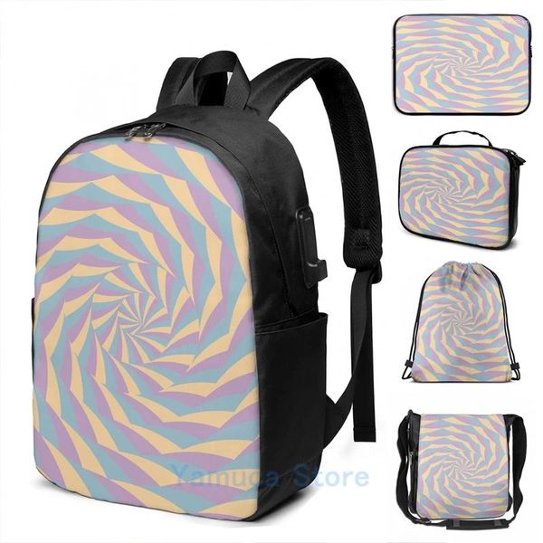 Backpack Graphic Print Spiral Círculos Padrão pastéis roxos amarelo amarelo USB Charge Men Bags Escola Laptop de Viagem para Mulheres Viagem