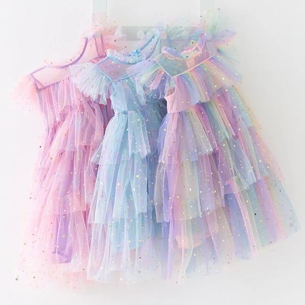 Mädchen spielen Pailletten Rainbow Kleid Kinder Prinzessin Tutu Kleid Sommer Prom Mesh Kleider Kinder Geburtstagsfeier Casual Wear 240423