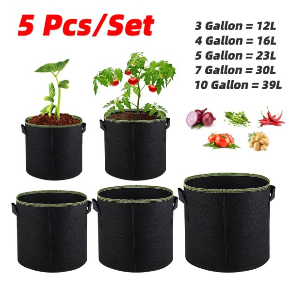 Decorações 5pcs 3/4/5/7/10 galão de feltro Bolds Grow Fabric conter Grow Pot Vagacable Tomate Cultivando Plantador de Jardim Potata Potes