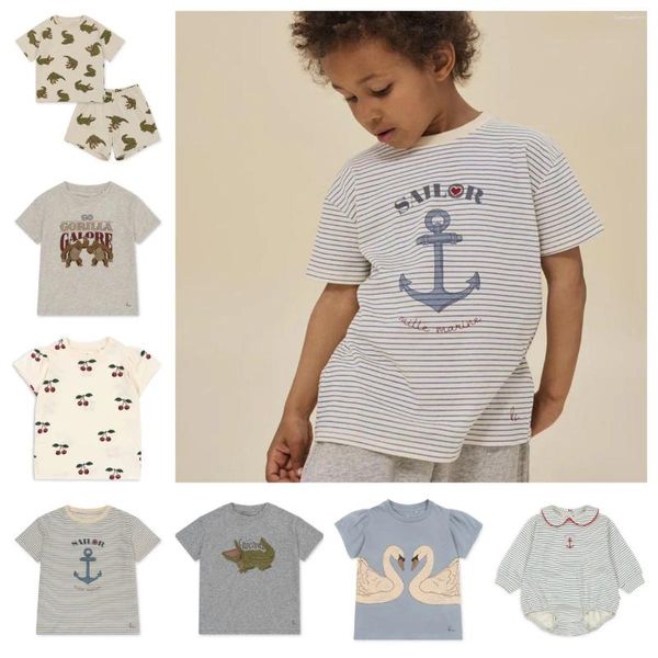 Passos de roupas estoque 2024 Verão NW KS KS Listrado Cherry Manga curta Pant Mother Kid T-shirt Home Animal Conjunto