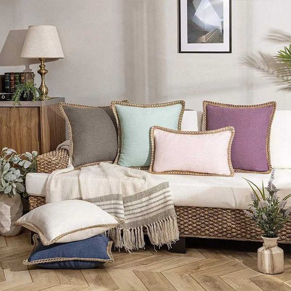 Kissen/dekoratives grünes Hanf Seilrandmittel mittelgroße Baumwolle und Leinen Lotus Blatt Hugcase Wohnzimmer Sofa Dekorative Leinenrahmenkissenabdeckung