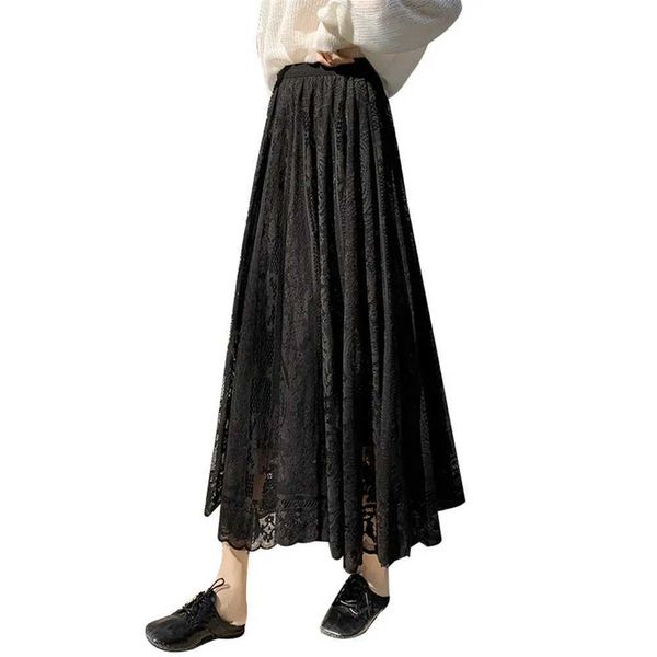 Röcke koreanische Mode Spitze Midi Rock Frau Feste Farbe Hohlhelfe Maxi Lange schwarze Röcke Damen Fehlgeschlagener koreanischer Hochtülenfutterrock