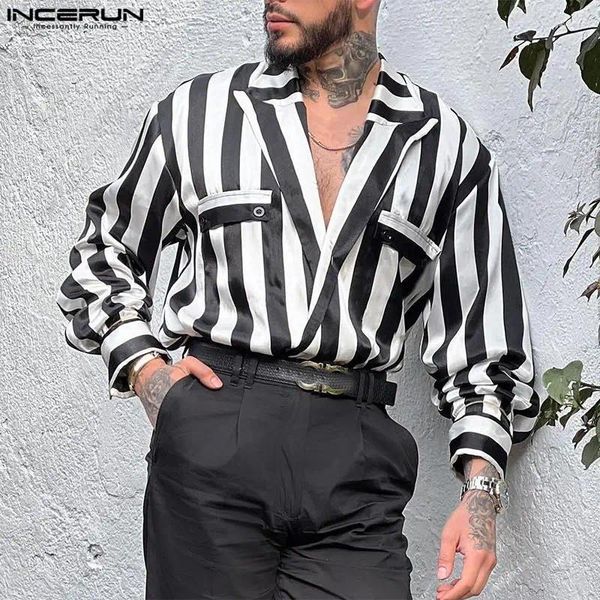 Camicie casual maschile top incerun 2024 Personalità in stile americano Blackwhite Taske All-Match All-Match Long Blouse S-5XL