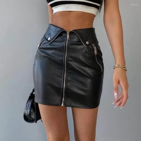 Saias de estilo punk mulheres minissa de inverno na cintura alta bolsos com zíper fechamento curto slim fit quadril embrulhado em couro falso sexy