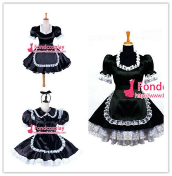 Sissy Maid Schwarz Satin Uniform Lockbares Kleid Cosplay Kostüm für Animation Ausstellung Strand Urlaub sexy Abschlussball Nacht Kleider4697012