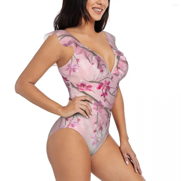 Swimwear femminile Donne Spring Tree Branch Cherry Blossom One Piece Sexy Ruffle Swuffer Summer Beach Wear Slieming Bareding A costume da bagno