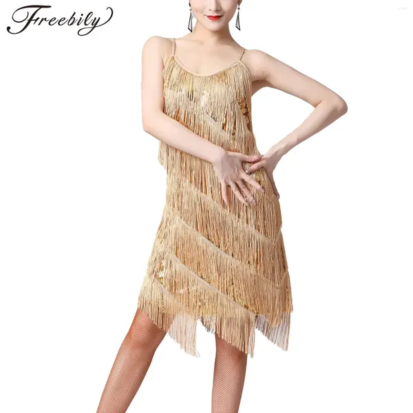 Bühnenbekleidung Latin Dance Kleid Frauen glänzende Pailletten Fransen Samba Tango Cha Bollywood Tanz Performance Tanzkleidung