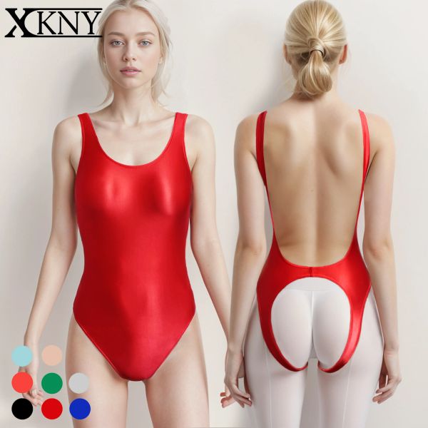 Anzüge Xkly Satin seidig ein Stück Badeanzug sexy Öl glänzend Badeanzug Rückenfreier die Hüften offener Schritt Overall Bodysuit Bodysuit