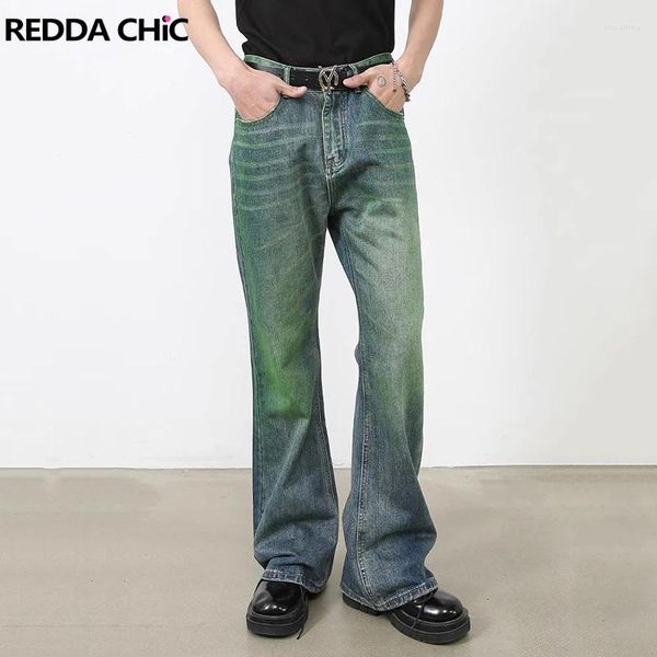 Jeans maschile rossdachic maschi baffi di lavaggio verde bagliore pulito in difficoltà in difficoltà pantaloni in denim pantaloni pantaloni a campana retrò y2k streetwear