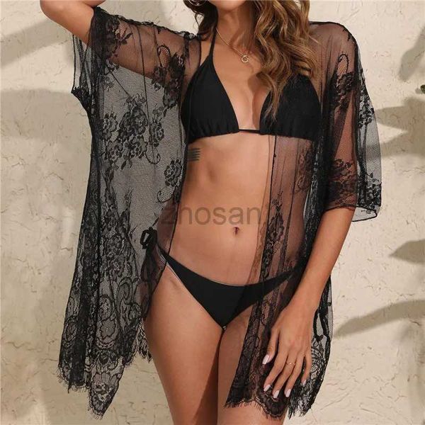 Mulheres praia usam roupas de praia de renda sexy para mulheres de verão preto transamento de vestido solar caridigan lactwear ladies maiô de maiô de roupa de banho de roupas d240507