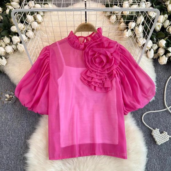 Arbeitskleider Frauen-Sommerhemd Camisole 2-Stück-Sets dreidimensional Blumenpuffhülsen Chiffon Blusen Spaghetti-Gurtweste Anzüge