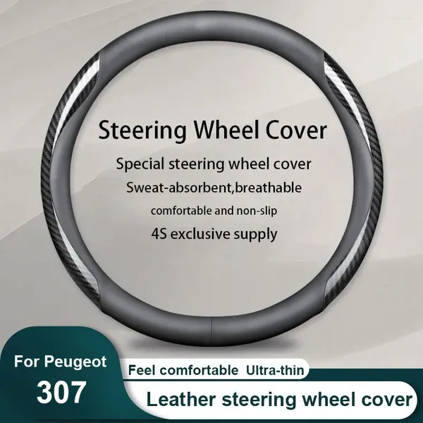 O volante tampa a tampa de couro de carro textura de fibra de carbono para 307 acessórios