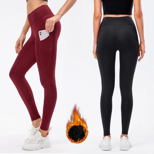 Calça feminino lã de roupas íntimas calças de esqui na cintura alta com calças de corrida com ginástica de ginástica de bolso