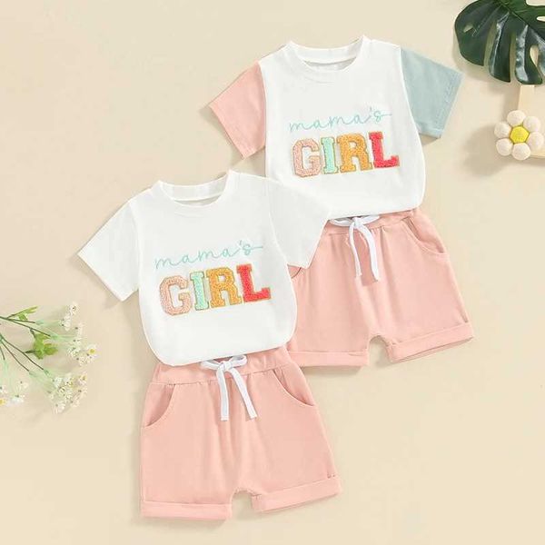 Kleidungssets Sommer Kleinkind Kinder Kleidung Baby Girls Brief Stickerei Kurzarm Runde Hals-T-Shirt mit festen Farbshorts Outfits H240507