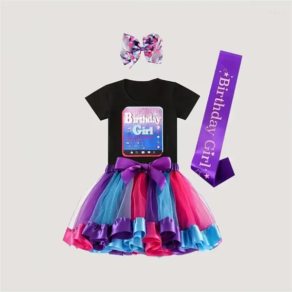 Kleidungssets 4pcs Kleinkind Girls Slogan Grafik T-Shirt Top Bogen vorne Farbblock Mesh Prinzessin Tutu Rock Ribbon Stirnband Set zum Geburtstag